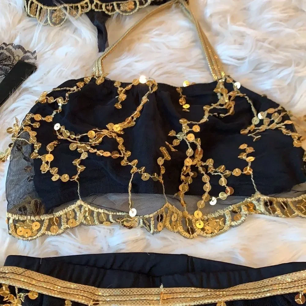 Belly Dance Spanish Arabian Style Black and Gold two piece Costume